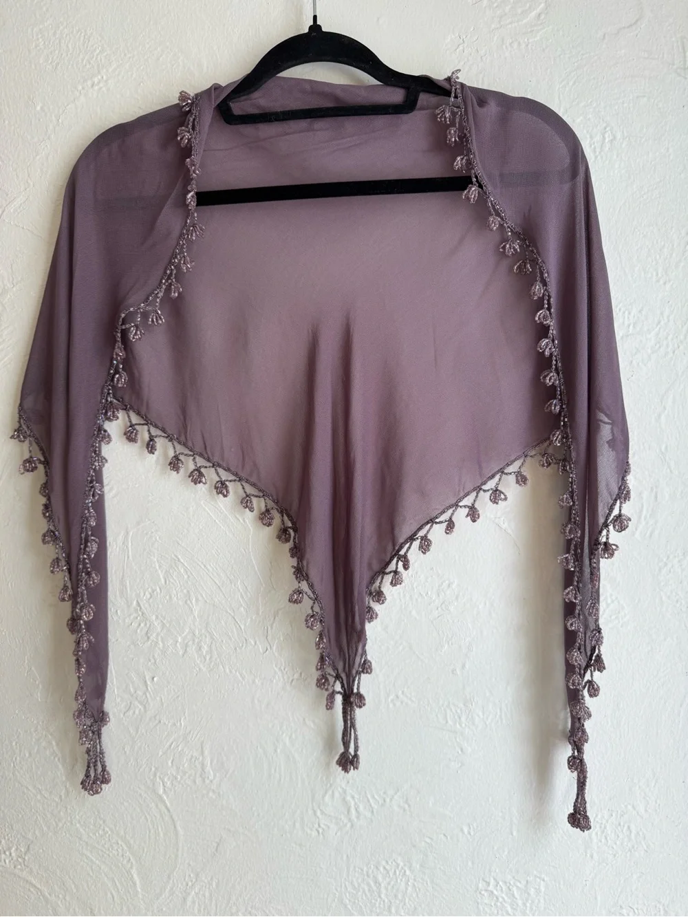 Sheer Chiffon Triangle Scarf Wrap with Beaded Crochet Fringe Mauve Purple Boho